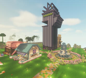 Siguiendo el camino del molino hacia la aldea encontrarás la zona comercial. Aquí podrás encontrar las tiendas de cada participante.